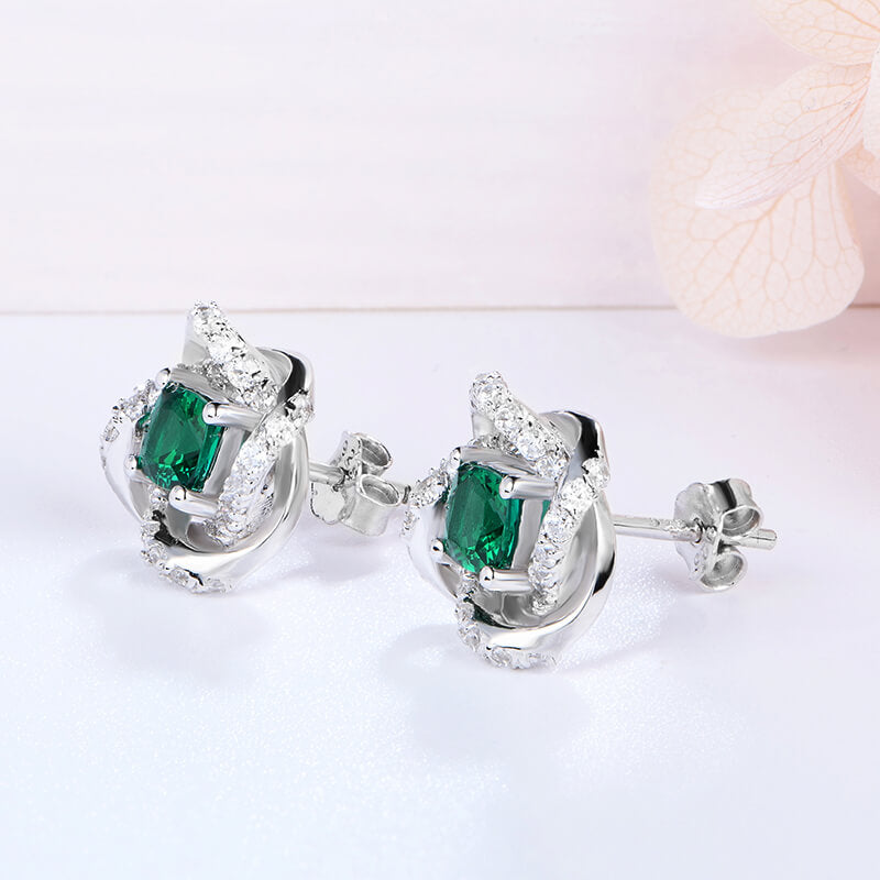 Cushion Lab-Created Emerald Knot Sterling Silver Stud Earrings