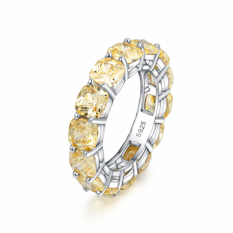 Cushion Created Yellow Sapphire Eternity Sterling Silver Wedding Band Ring