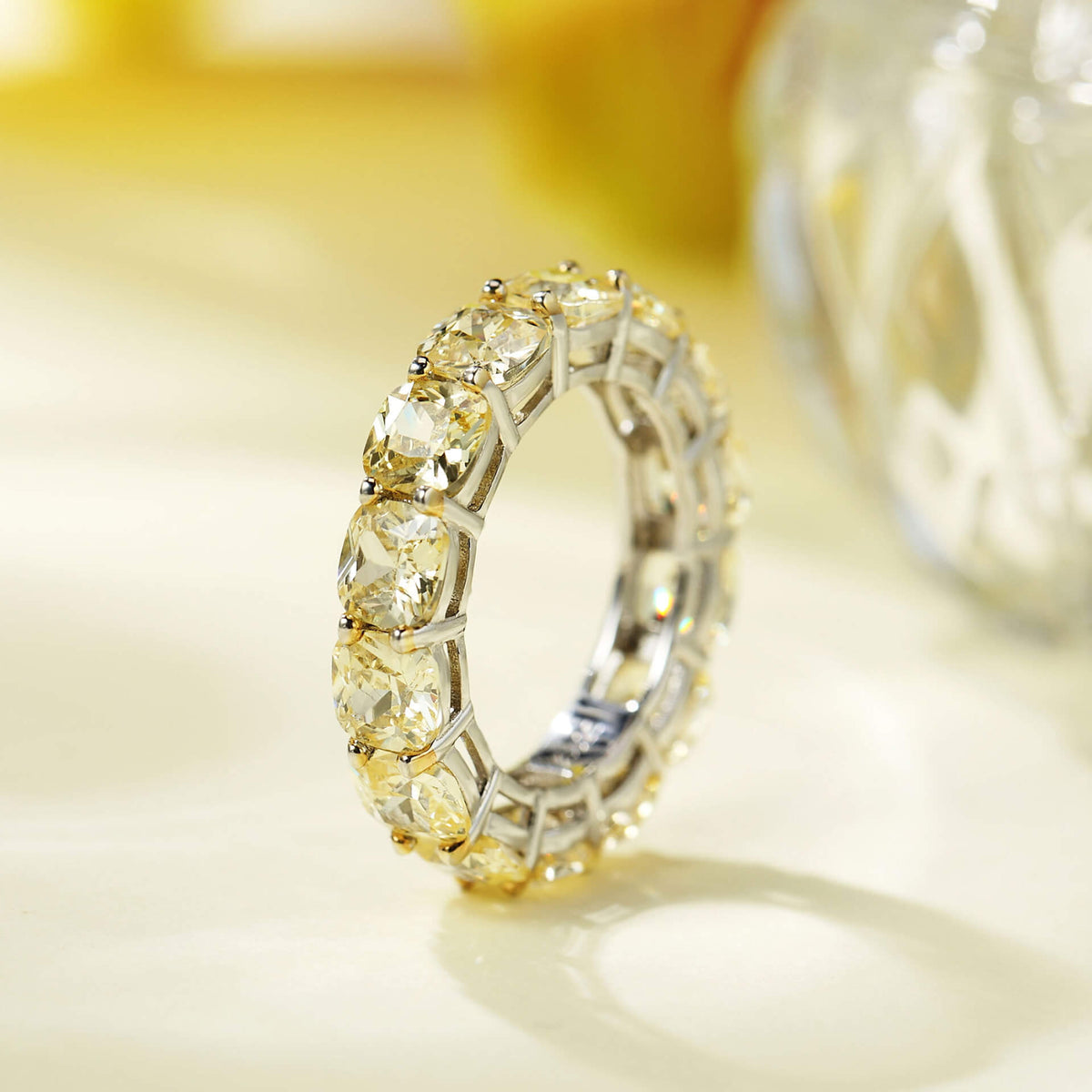 Cushion Created Yellow Sapphire Eternity Sterling Silver Wedding Band Ring