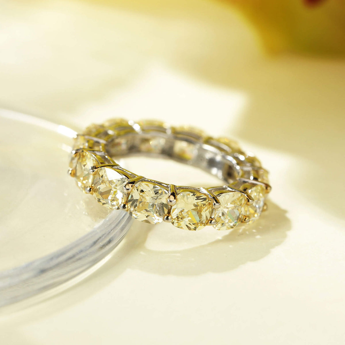 Cushion Created Yellow Sapphire Eternity Sterling Silver Wedding Band Ring