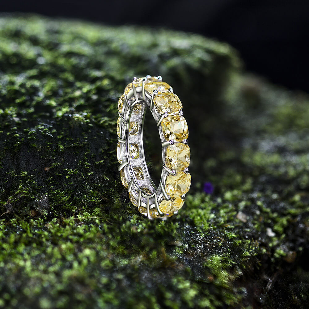 Cushion Created Yellow Sapphire Eternity Sterling Silver Wedding Band Ring