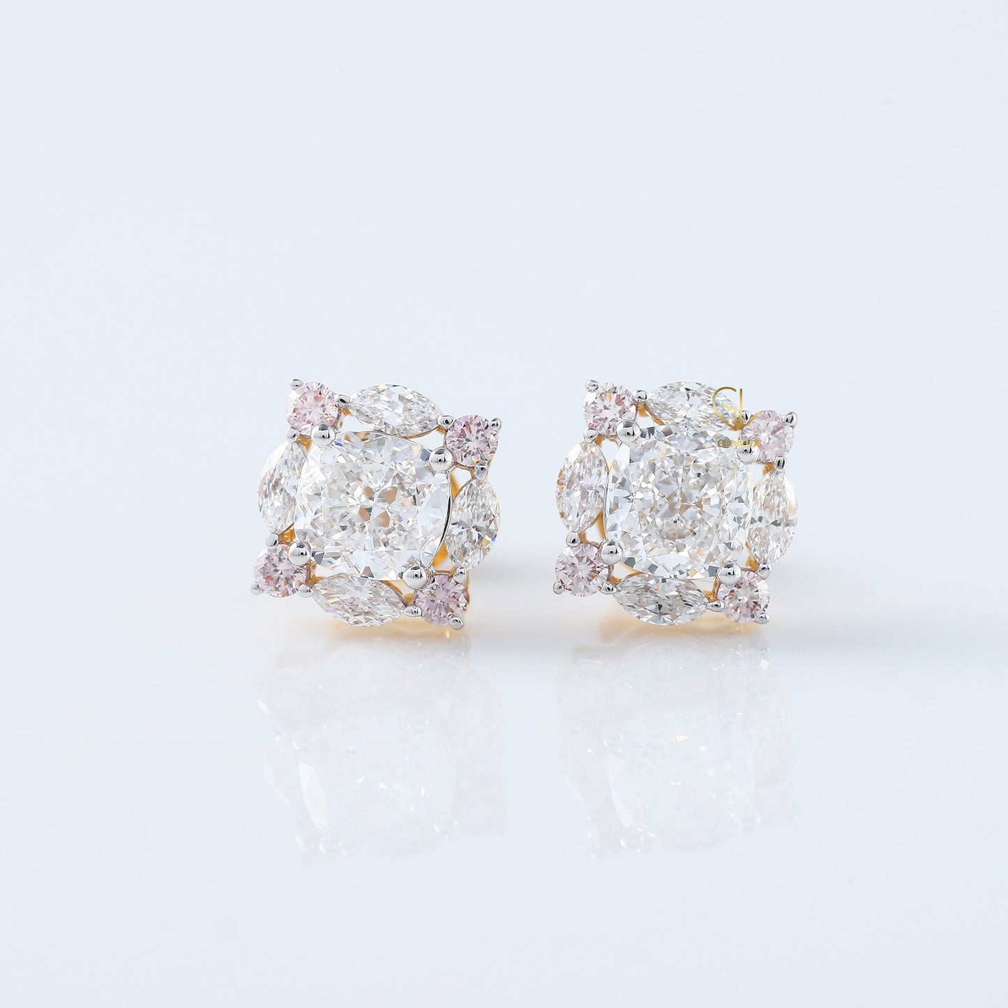 Cushion Cut Lab Grown Halo Stud Earrings with Marquise & Pink Round Diamonds