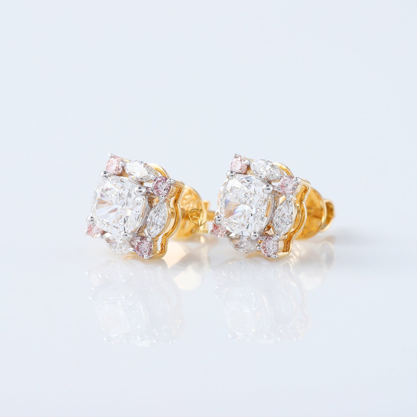 Cushion Cut Lab Grown Halo Stud Earrings with Marquise & Pink Round Diamonds