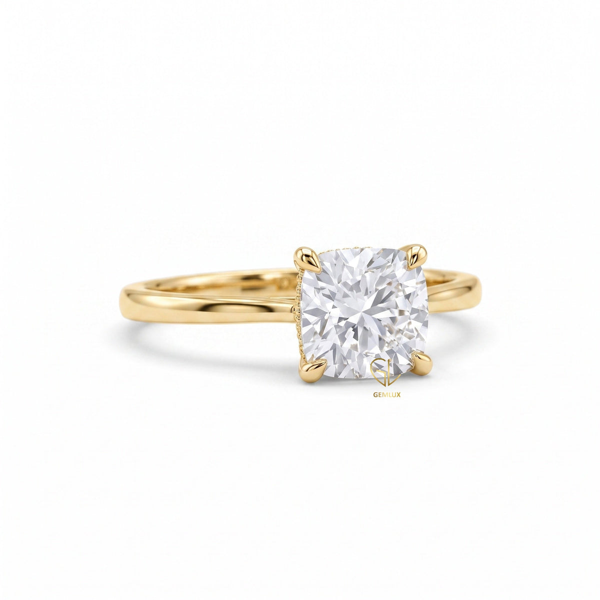 Cushion Cut Lab Grown Solitaire Hidden Halo Ring