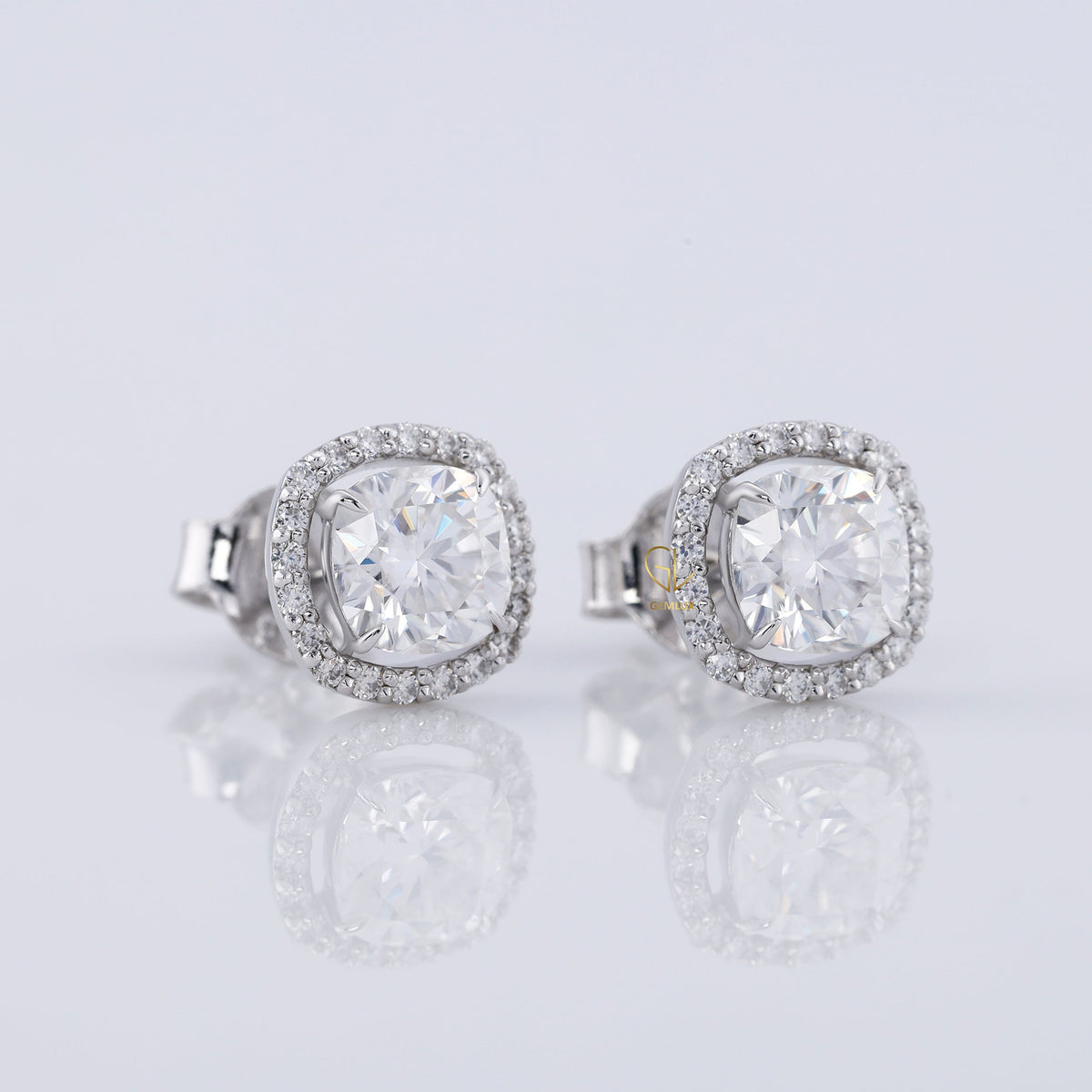 Cushion Cut Moissanite Halo Stud Earrings