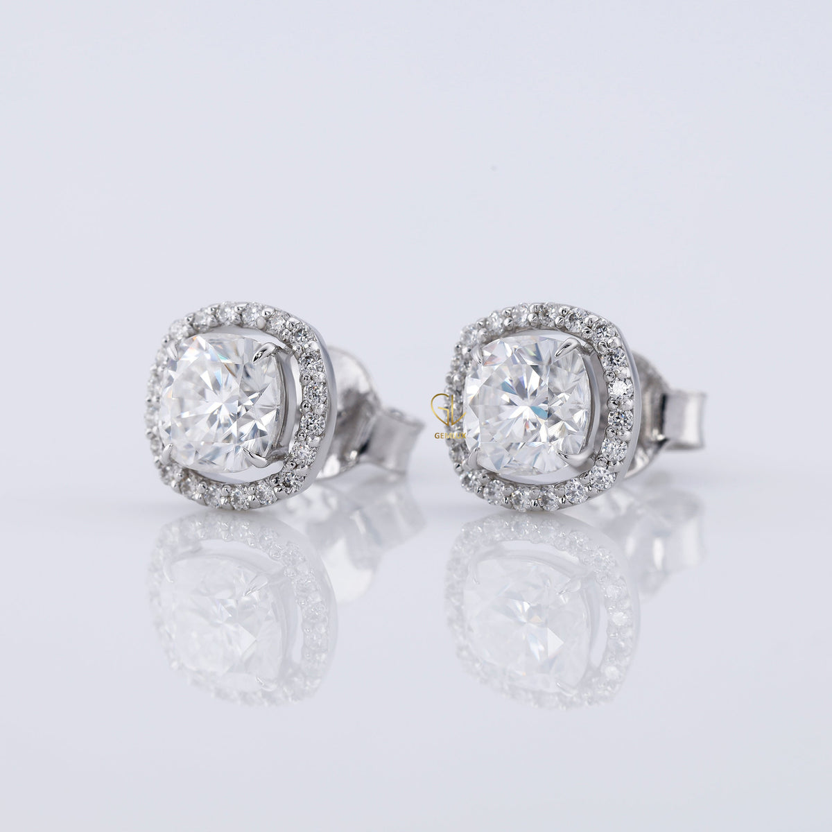 Cushion Cut Moissanite Halo Stud Earrings