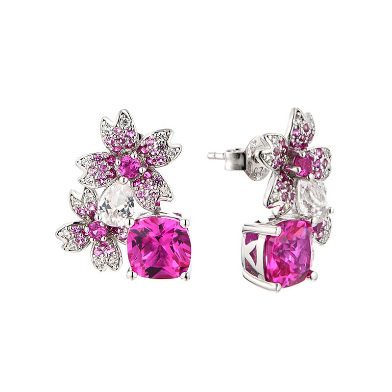 Cushion Cut Red Corundum Cluster Sterling Silver Drop Earrings