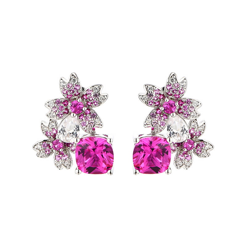 Cushion Cut Red Corundum Cluster Sterling Silver Drop Earrings