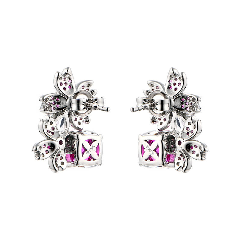 Cushion Cut Red Corundum Cluster Sterling Silver Drop Earrings
