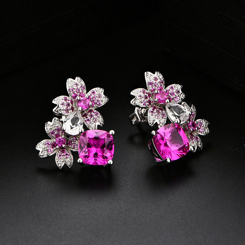 Cushion Cut Red Corundum Cluster Sterling Silver Drop Earrings