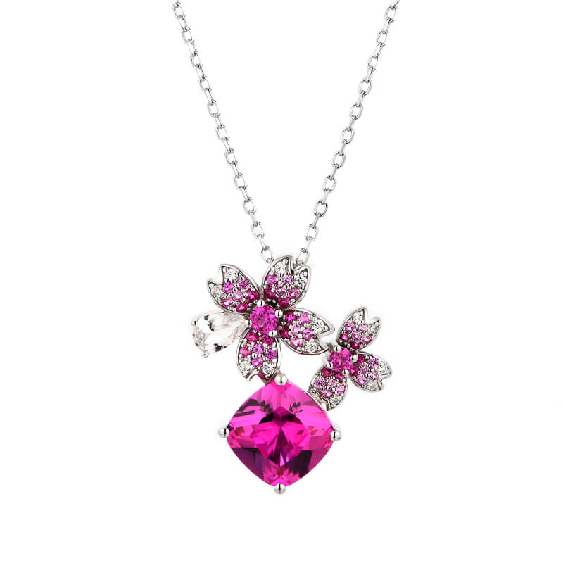 Cushion Cut Red Corundum Cluster Sterling Silver Necklace