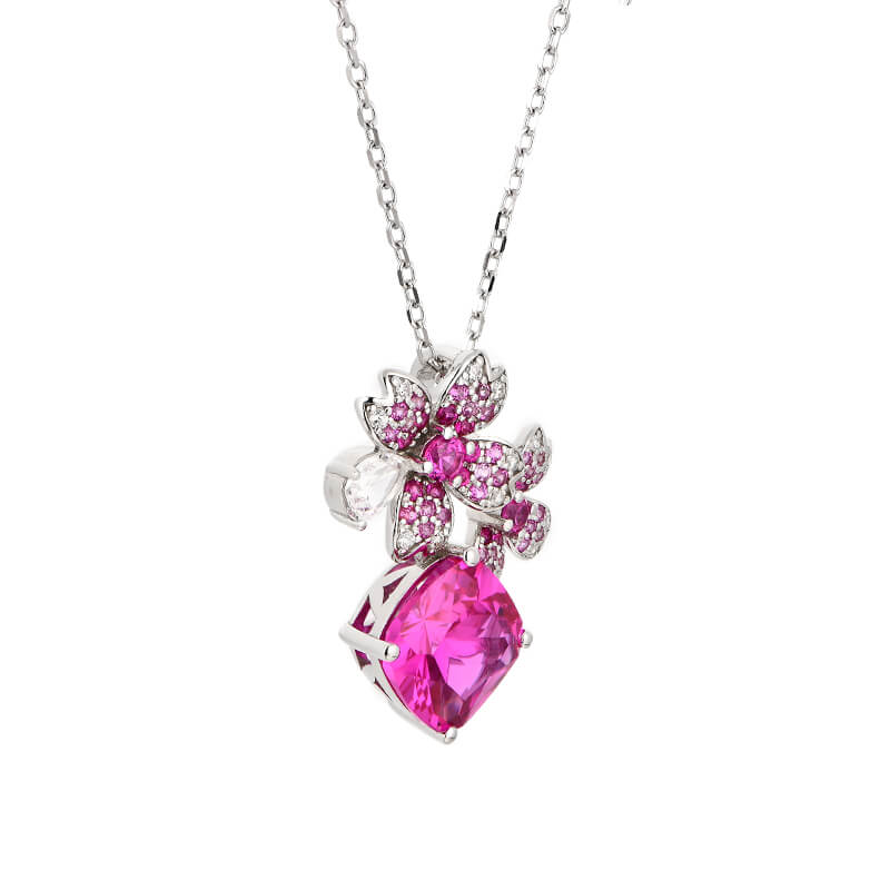 Cushion Cut Red Corundum Cluster Sterling Silver Necklace