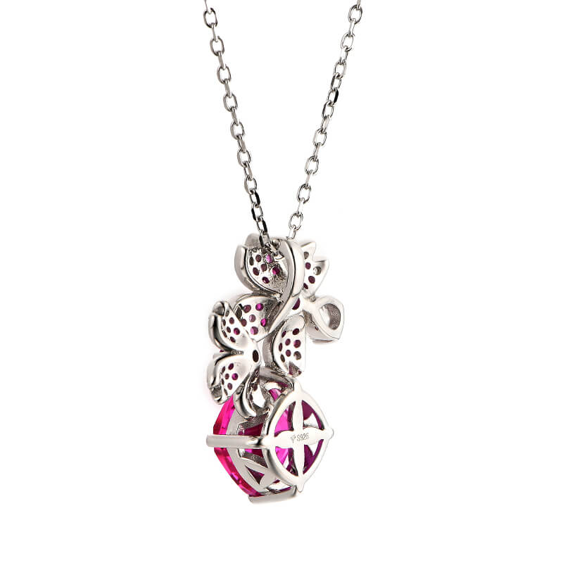 Cushion Cut Red Corundum Cluster Sterling Silver Necklace