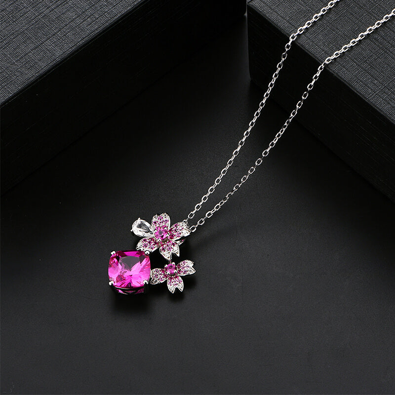 Cushion Cut Red Corundum Cluster Sterling Silver Necklace