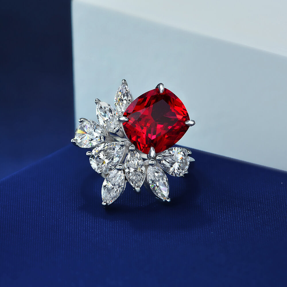 Cushion Cut Sapphire Cluster Accents Sterling Silver Ring