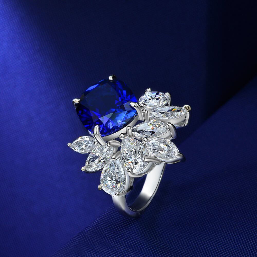 Cushion Cut Sapphire Cluster Accents Sterling Silver Ring