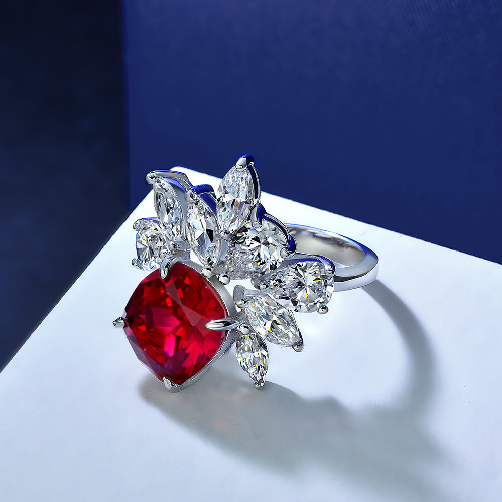Cushion Cut Sapphire Cluster Accents Sterling Silver Ring