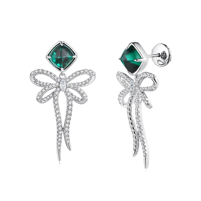 Cushion Emerald Bow-Knot Drop Earrings In Sterling Silver