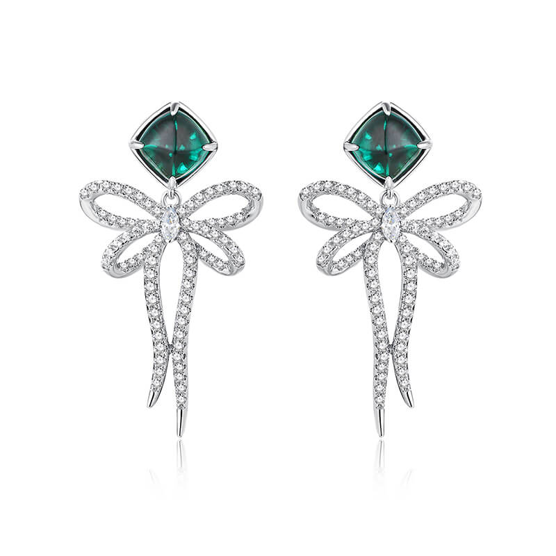 Cushion Emerald Bow-Knot Drop Earrings In Sterling Silver