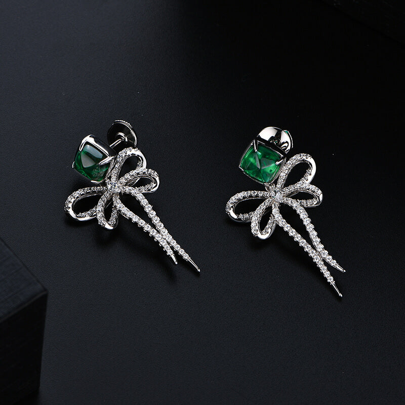 Cushion Emerald Bow-Knot Drop Earrings In Sterling Silver