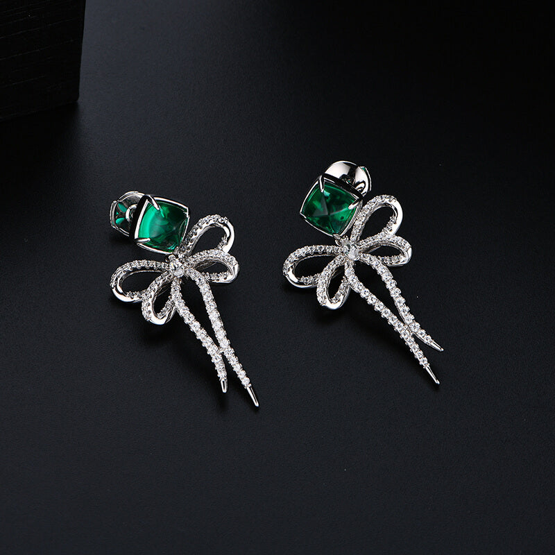 Cushion Emerald Bow-Knot Drop Earrings In Sterling Silver