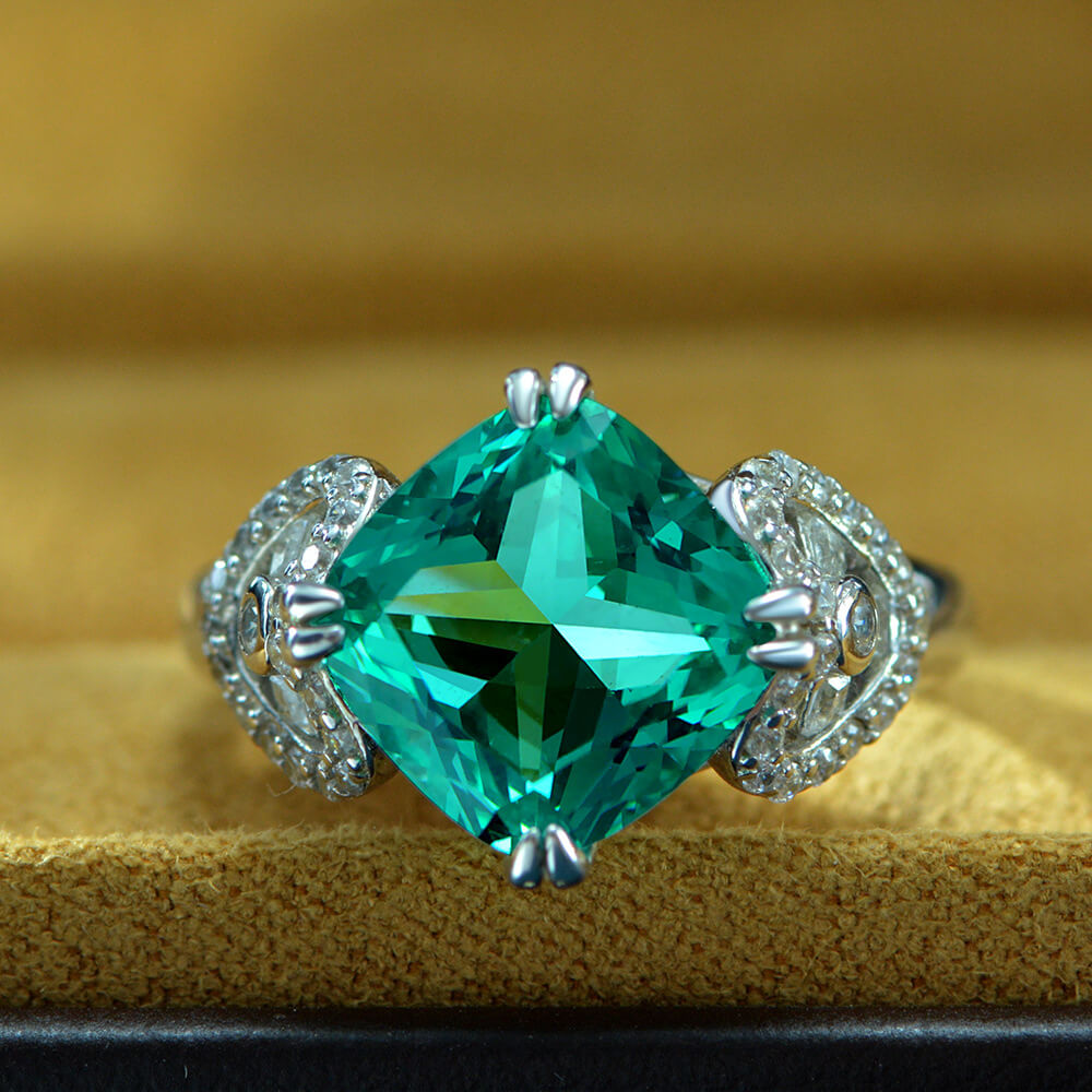 Cushion Green Tourmaline Heart Accents Sterling Silver Ring