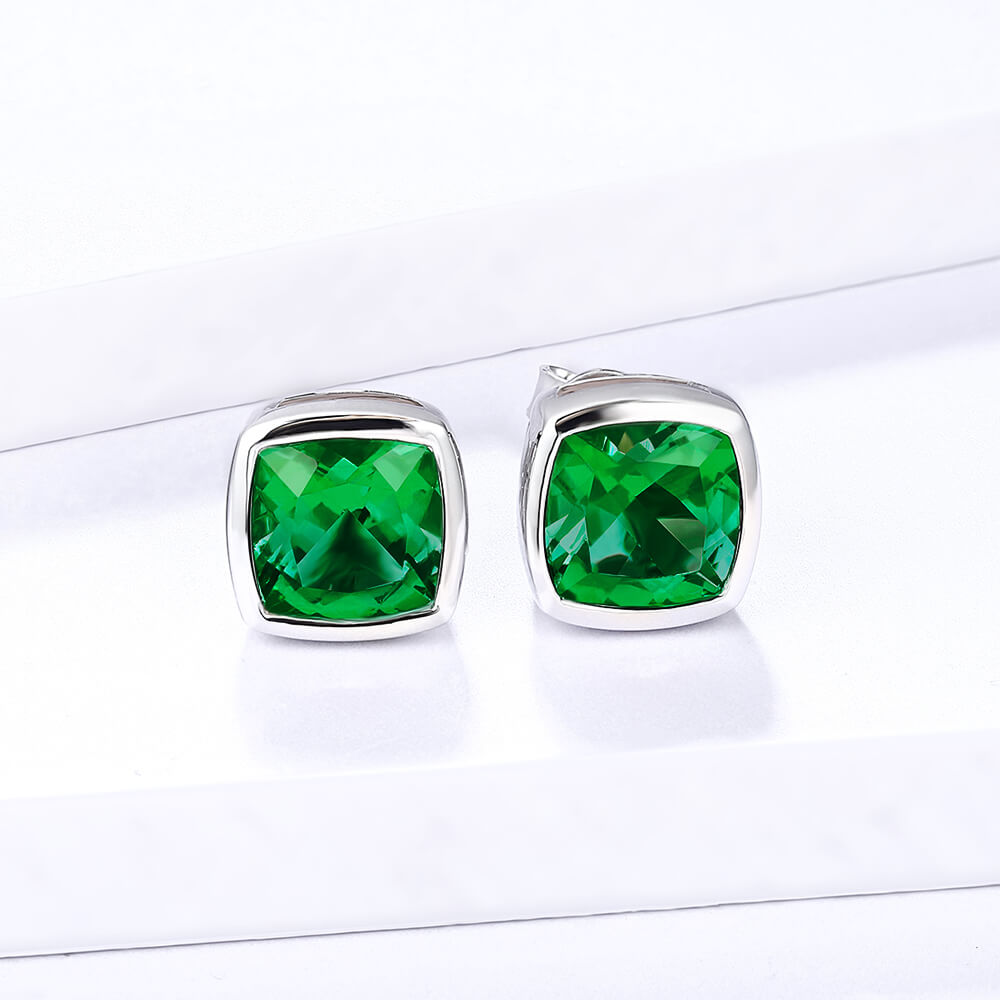 Cushion Lab-Created Emerald Bezel Sterling Silver Stud Earrings