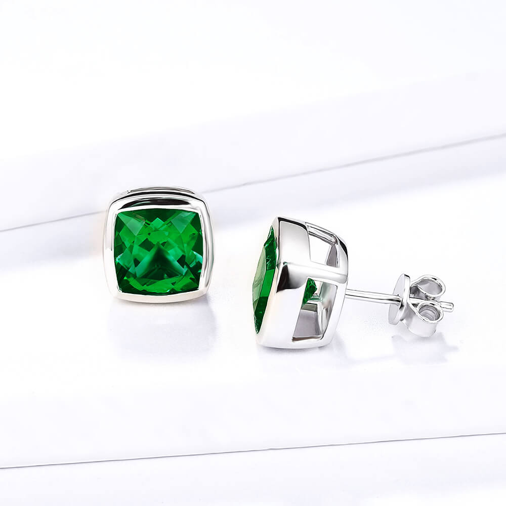 Cushion Lab-Created Emerald Bezel Sterling Silver Stud Earrings
