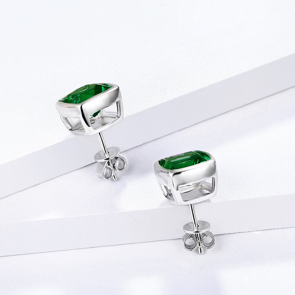Cushion Lab-Created Emerald Bezel Sterling Silver Stud Earrings