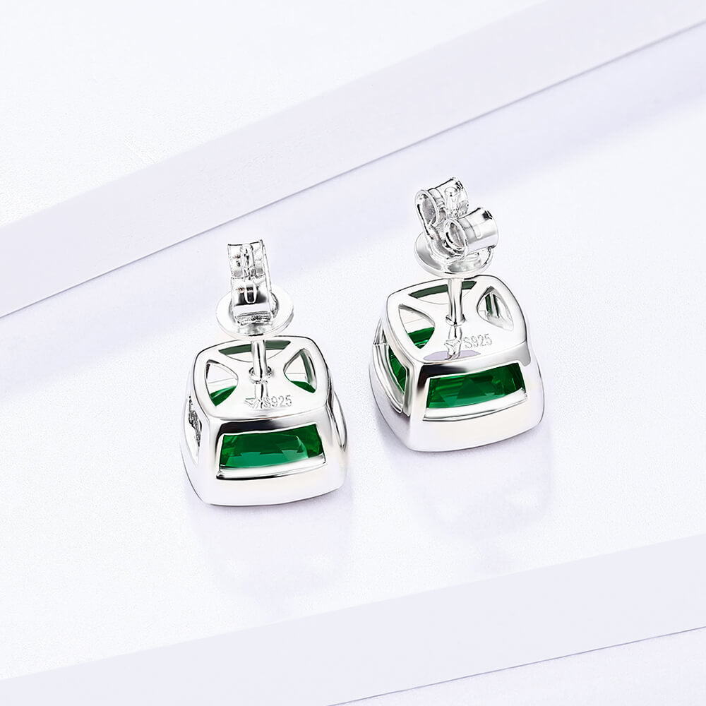 Cushion Lab-Created Emerald Bezel Sterling Silver Stud Earrings