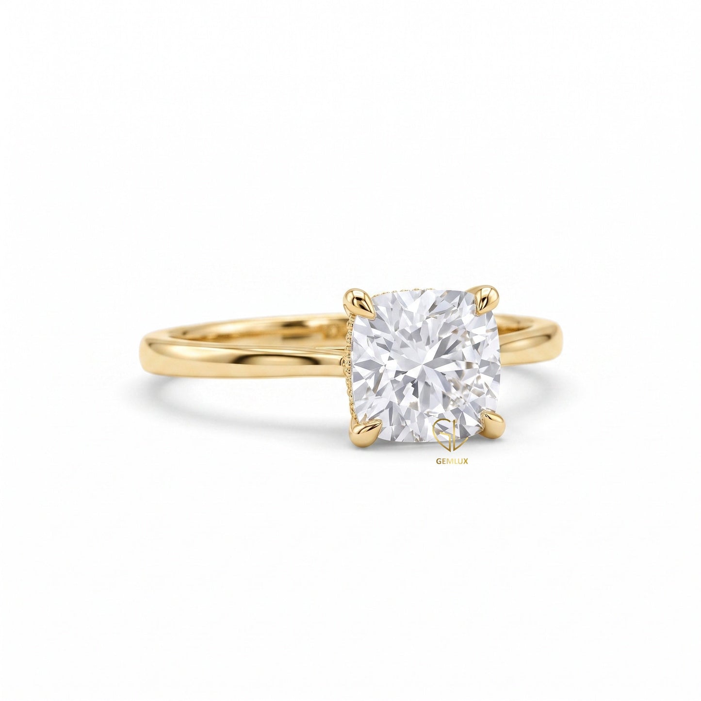 Cushion Moissanite Solitaire Hidden Halo Engagement Ring