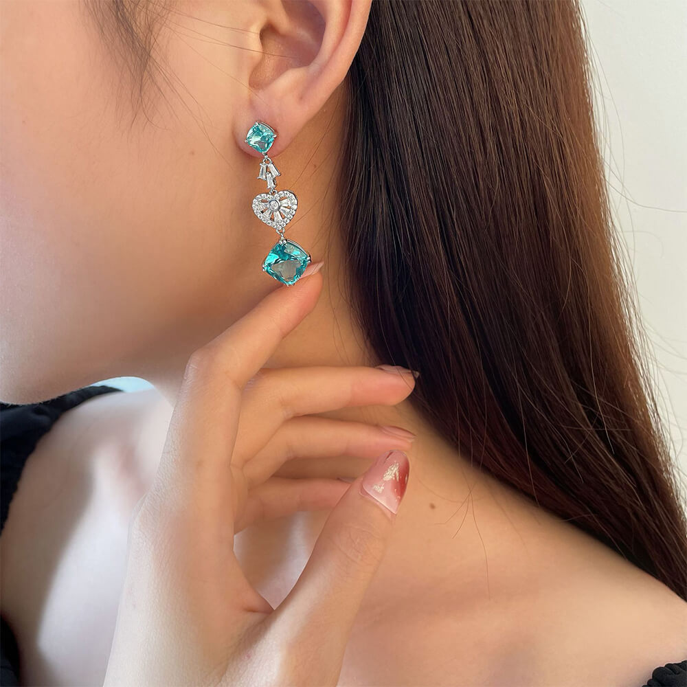 Cushion Paraiba Tourmaline Heart-Shaped Sterling Silver Drop Earrings