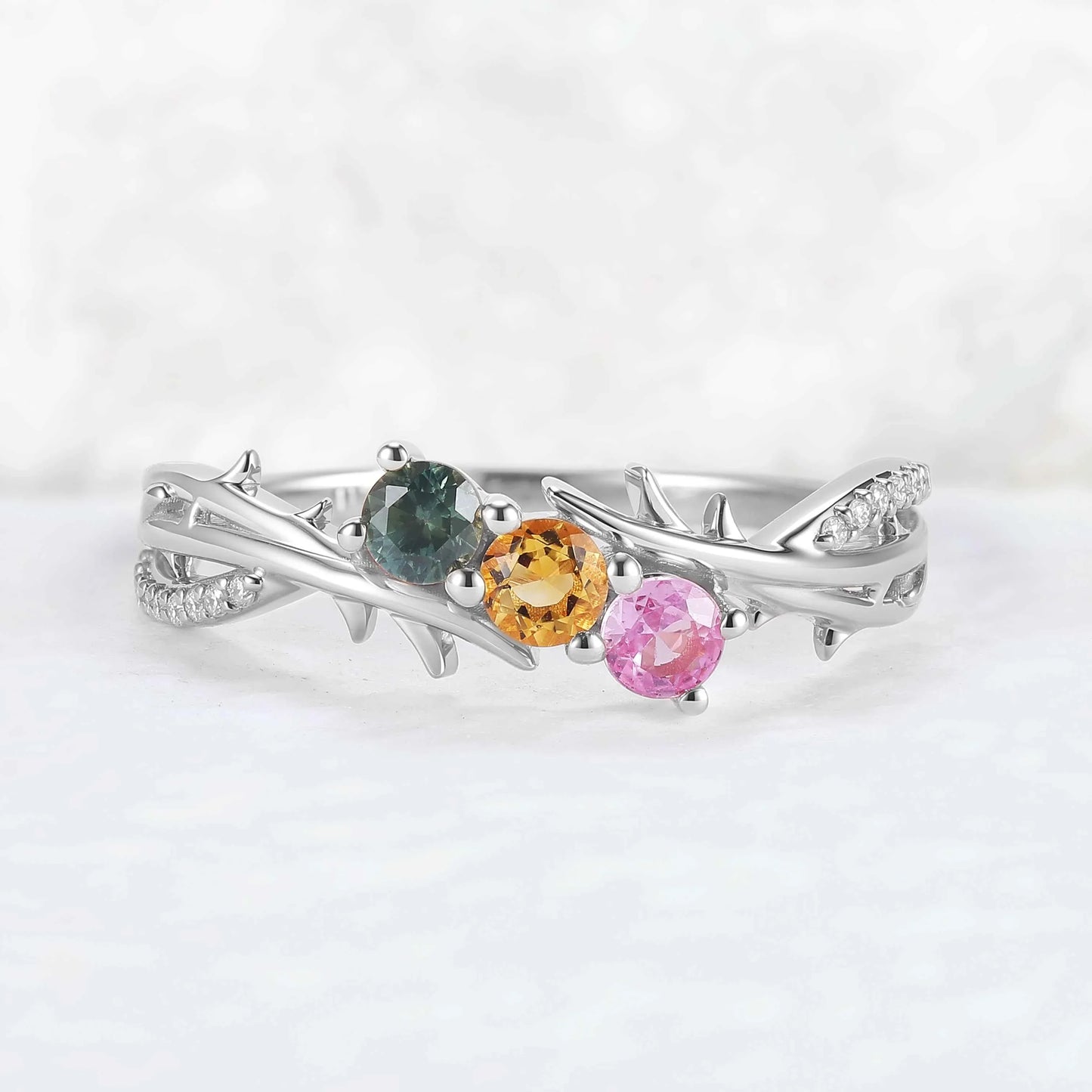 Custom Three-Stone Family Silver Ring – Personalized with Birthstones