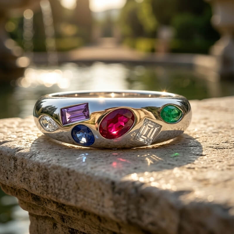 Customizable Cluster Multi-Gemstone Statement Dome Flush Set Wedding Band Ring