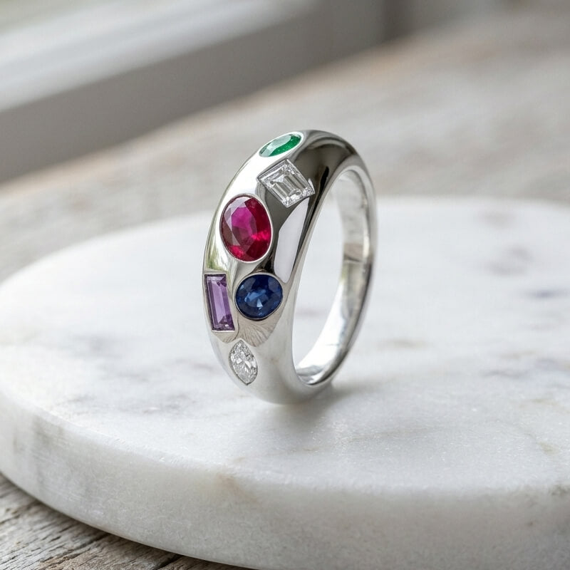 Customizable Cluster Multi-Gemstone Statement Dome Flush Set Wedding Band Ring