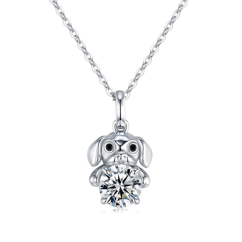 Cute Dog Holding Moissanite Necklace In Sterling Silver