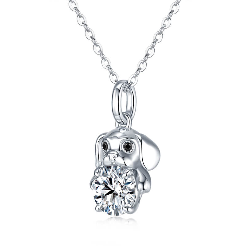 Cute Dog Holding Moissanite Necklace In Sterling Silver