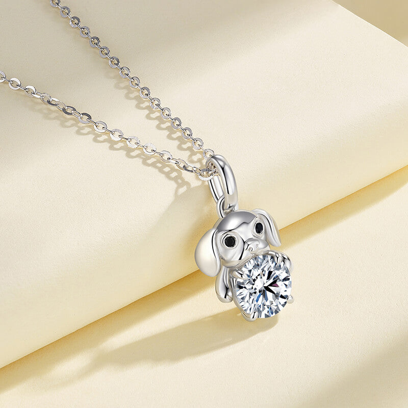 Cute Dog Holding Moissanite Necklace In Sterling Silver