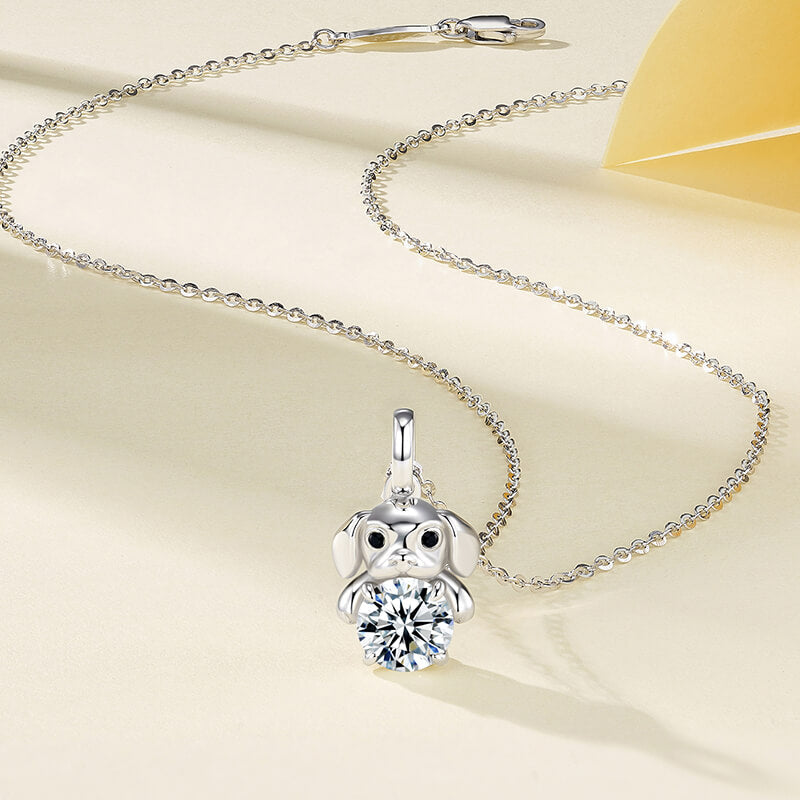 Cute Dog Holding Moissanite Necklace In Sterling Silver