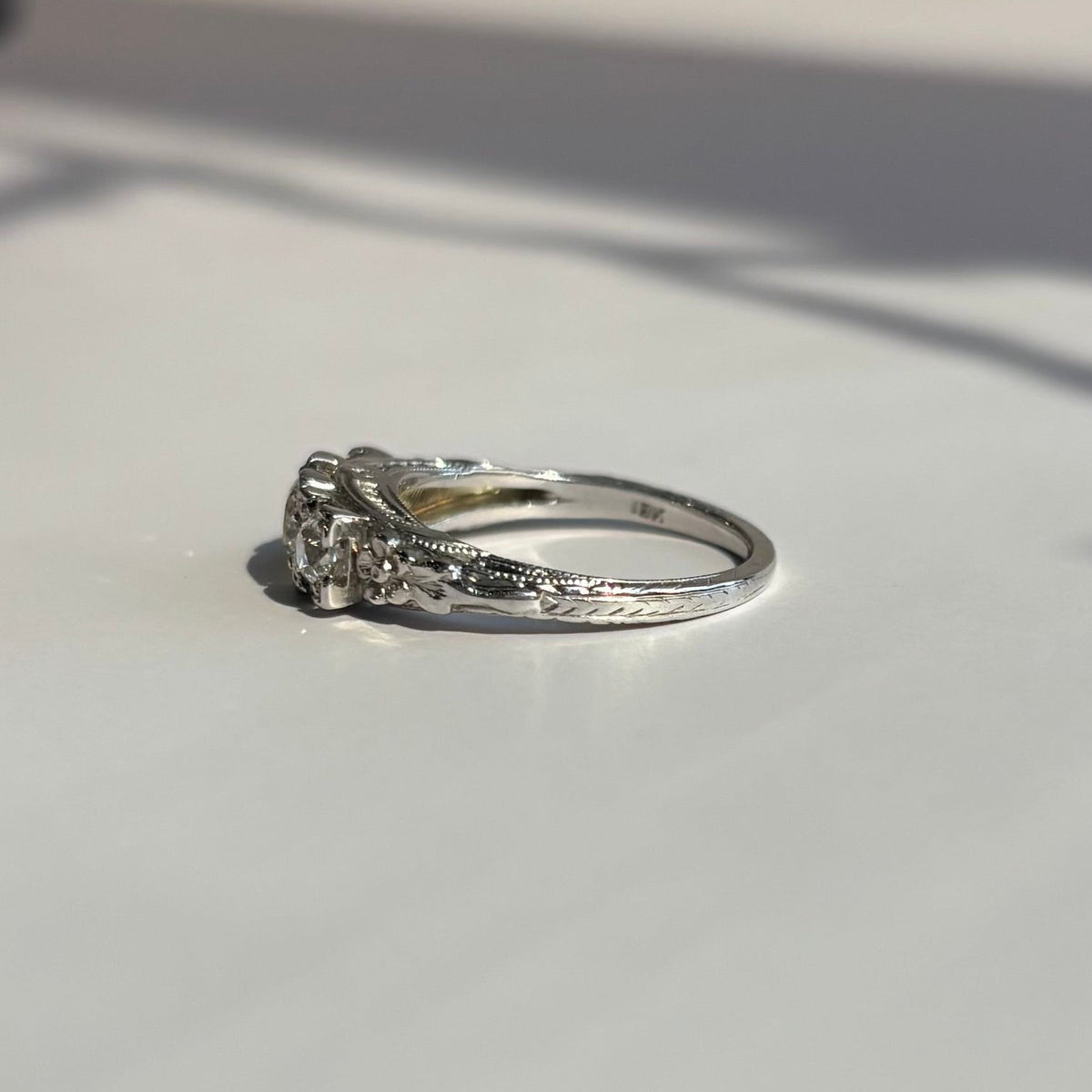 1920s Floral 3-Stone 0.85ct Diamond Engagement Ring | 18K White Gold | Vintage