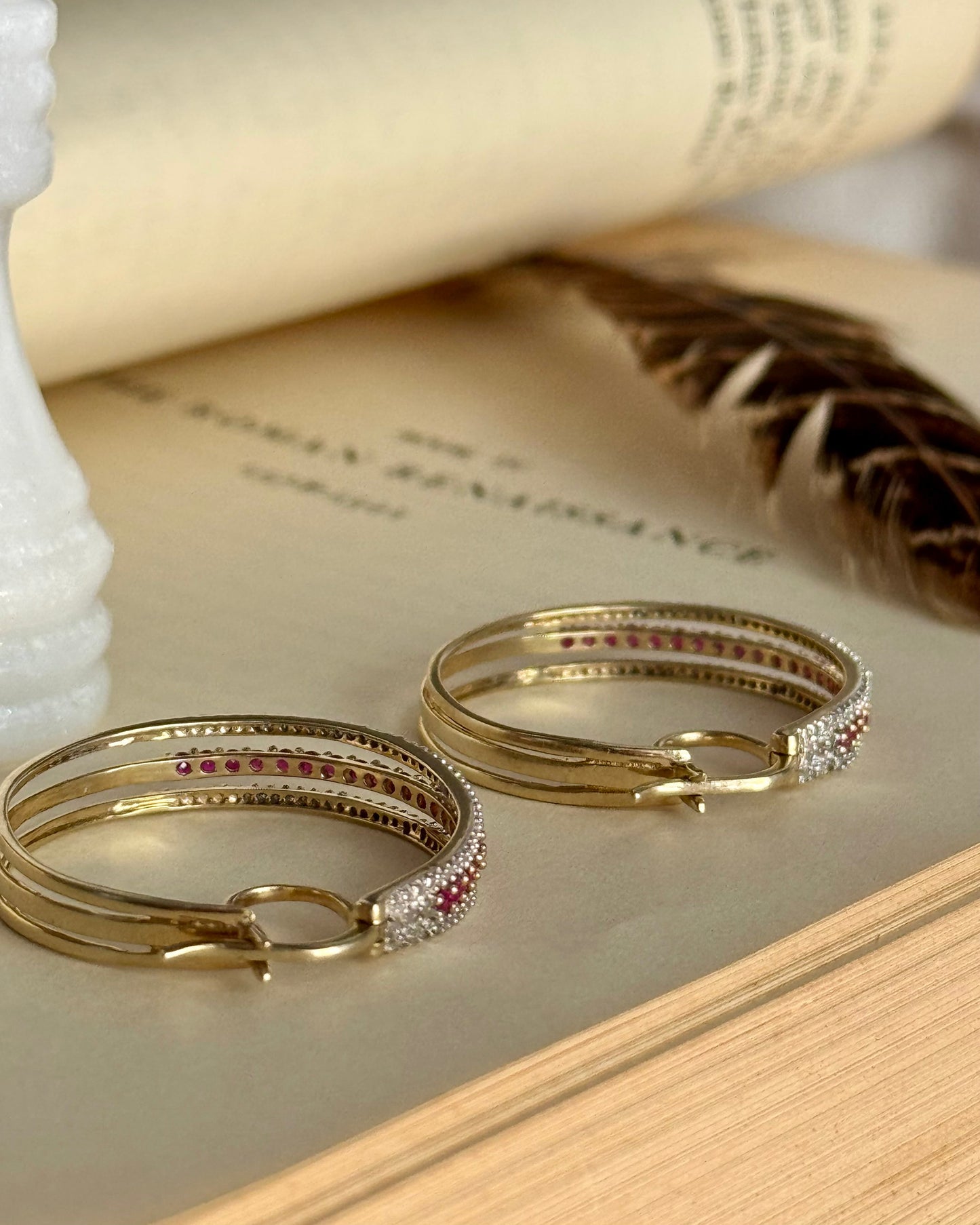 Vintage 14k Yellow Gold Natural Ruby & Diamond Hoops