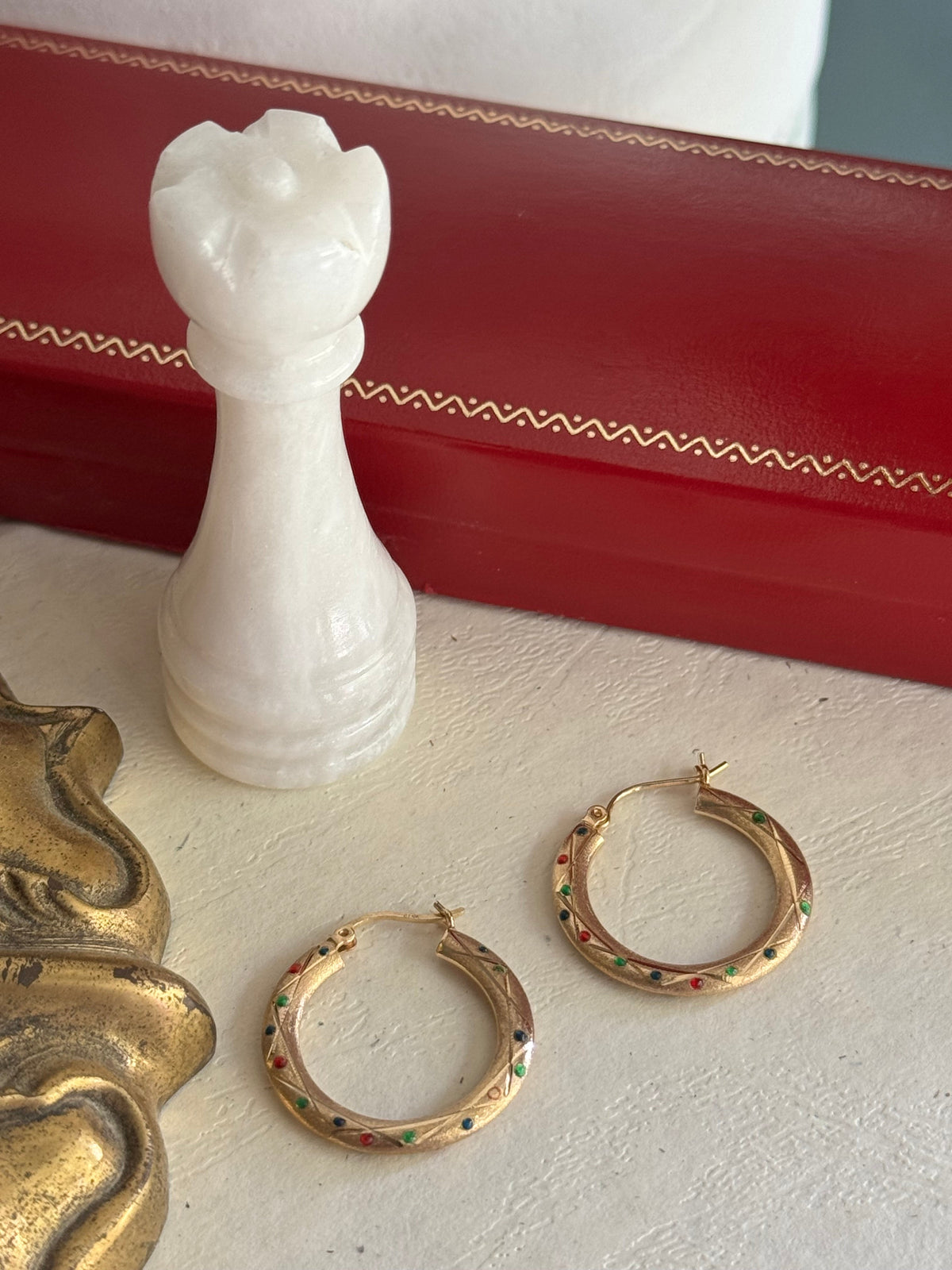 Vintage 14k Yellow Gold & Multi-Colored Enamel Hoops