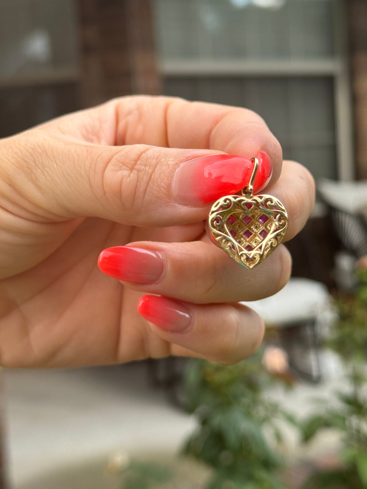 Vintage 14k Yellow Gold Puffed Heart Pendant w/ Natural Diamond & Ruby