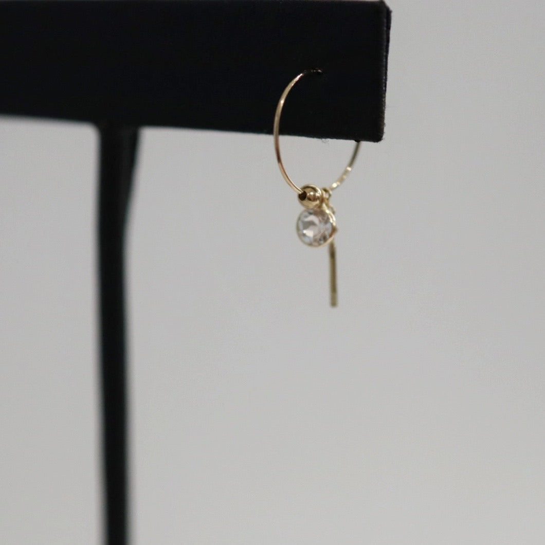 White Topaz and Bar Dangle Hoop Earring in 14 karat Yellow Gold / SINGLE EARRING / READY TO SHIP