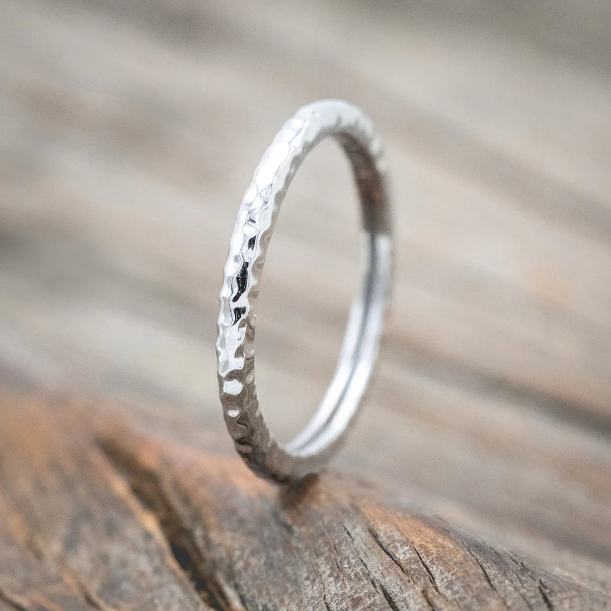 Dainty 14K Solid Gold Stacking Band With A Hammered Finish - 14K White Gold - Size 8