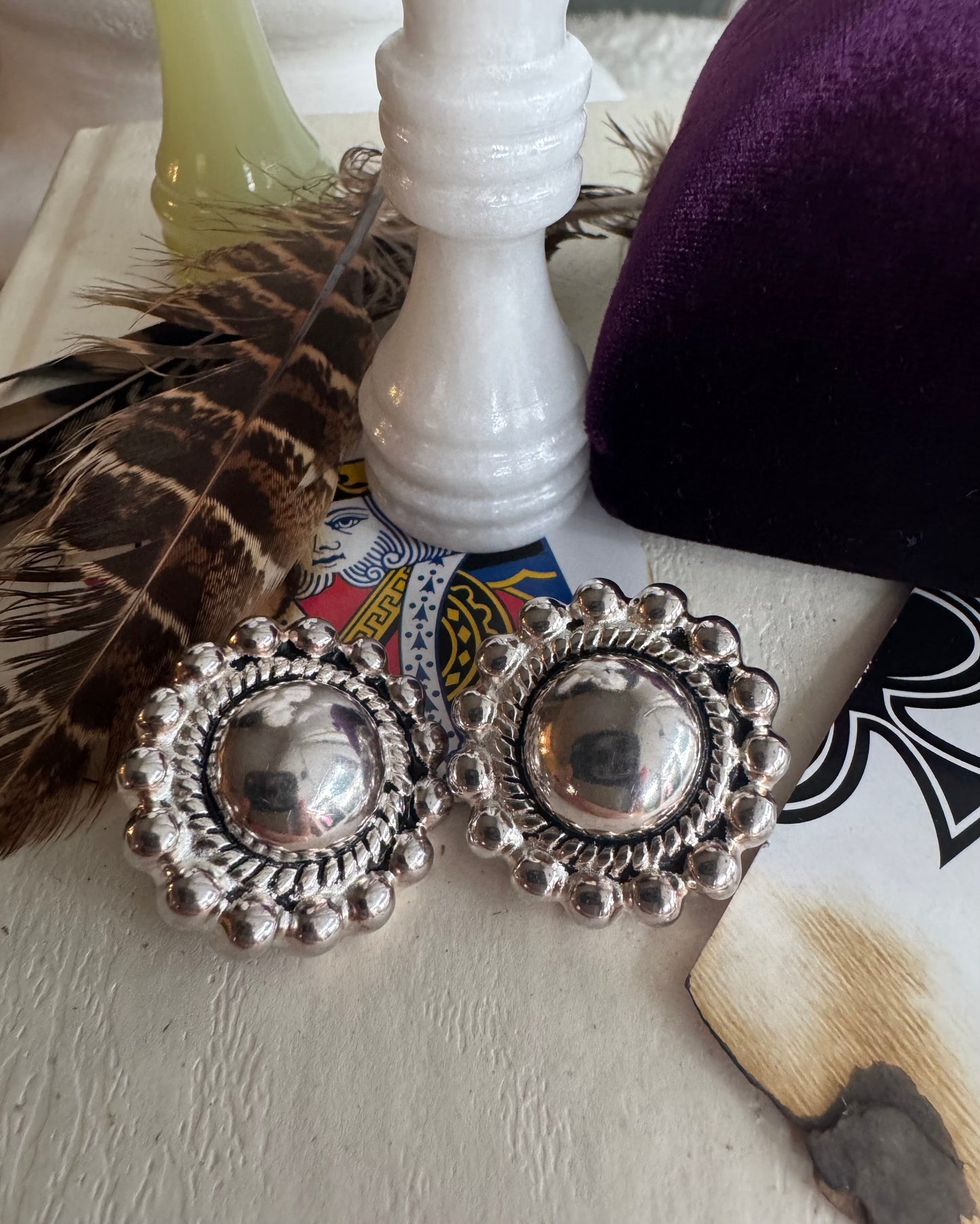Vintage 925 Sterling Silver Beaded Dome Earrings
