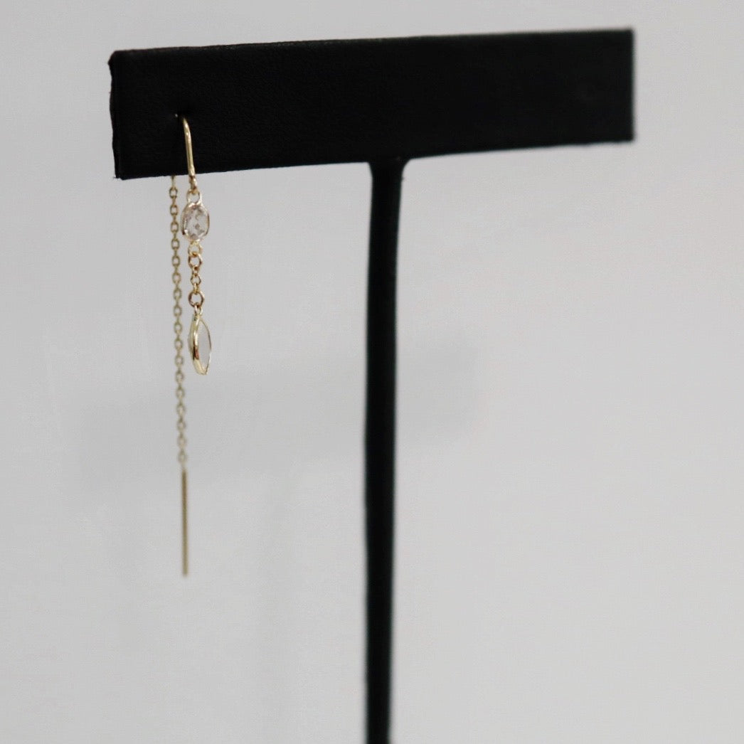 Double White Topaz  Drop Threader Earring in 14 karat Yellow Gold / SINGLE EARRING / READY TO SHIP