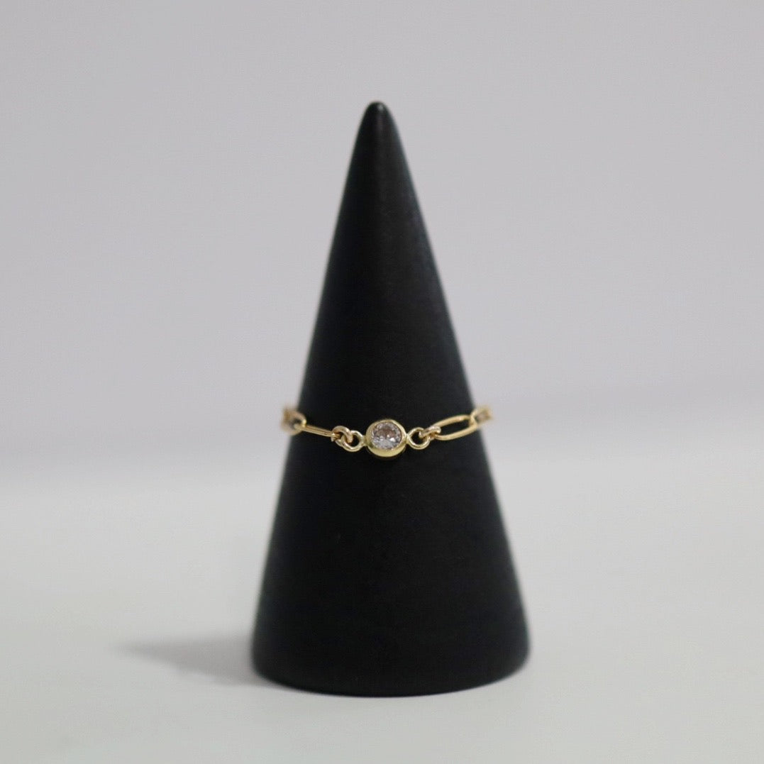 Gold Fill Dainty Paperclip Chain Ring with CZ Gemstone
