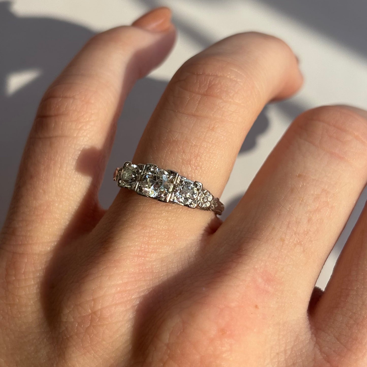 1920s Floral 3-Stone 0.85ct Diamond Engagement Ring | 18K White Gold | Vintage