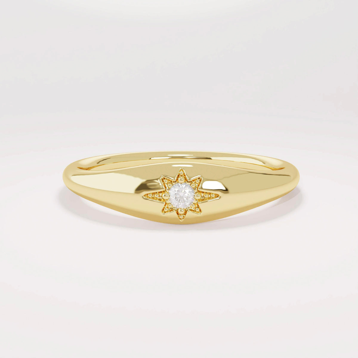 14k Solid Gold Diamond Starburst Pinky Ring - Small Signet Celestial Ring, Dainty Stacking Band
